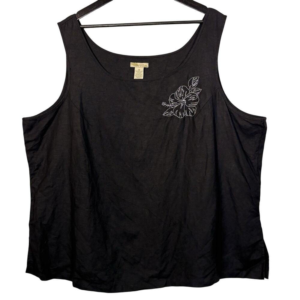Black Linen Blend Tank Islander Embroidered Sleeveless Scoop Neck 3X Plus Women